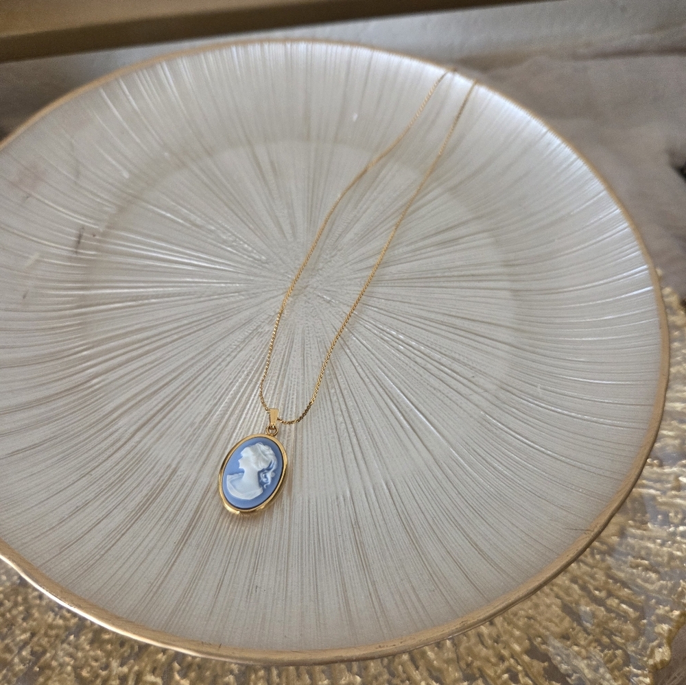 Gold and Blue Cameo Pendant Necklace